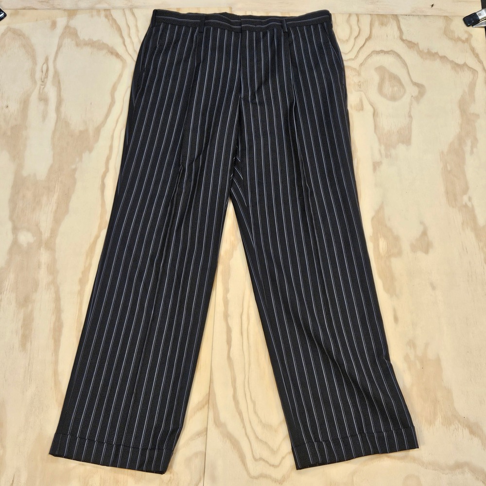 Basso Mens Pinstripe Dress Pants Black Wool Blend Pleated Cuffed 34x30